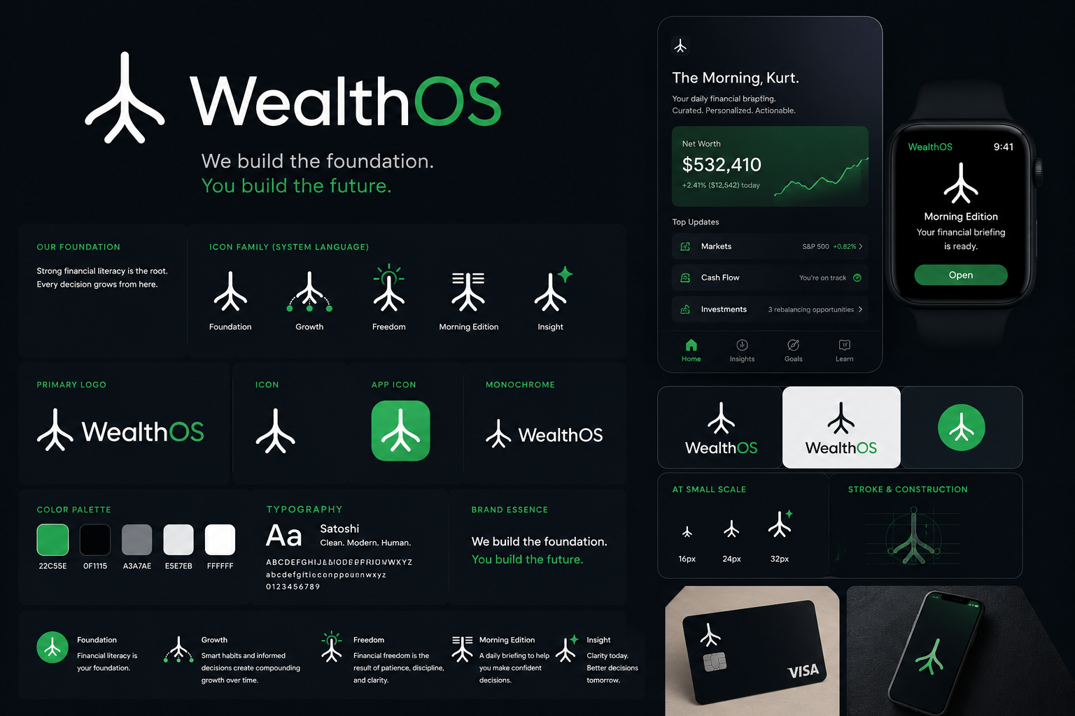 WealthOS identity system and Morning Edition product mockups